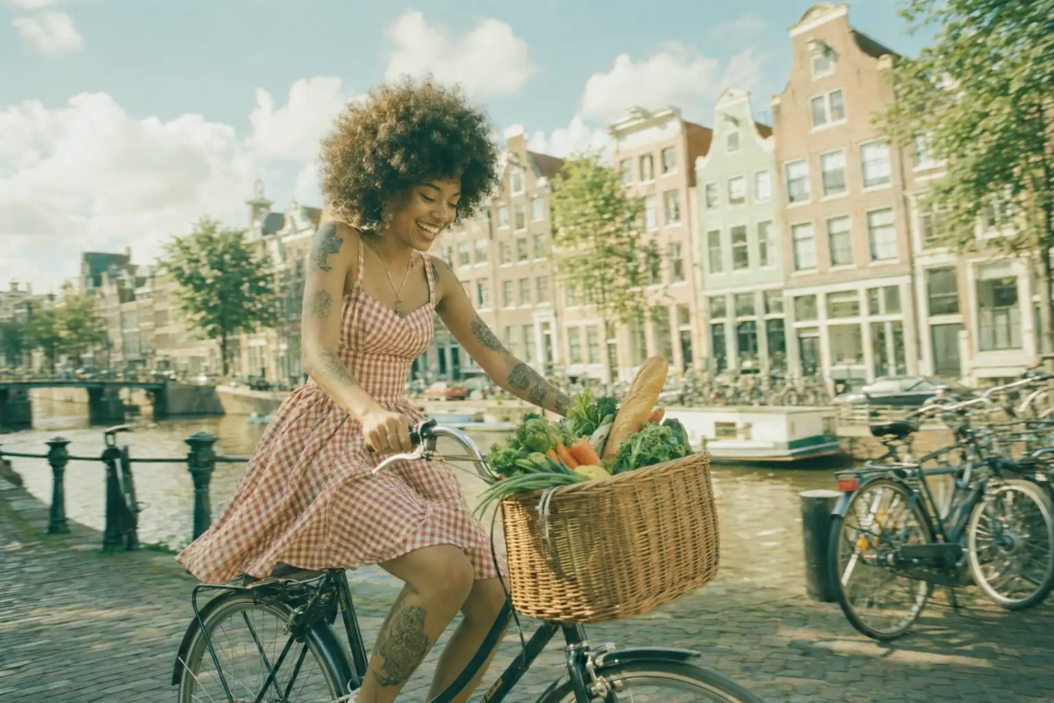 Vrouw fietst langs de grachten met een mand verse boodschappen